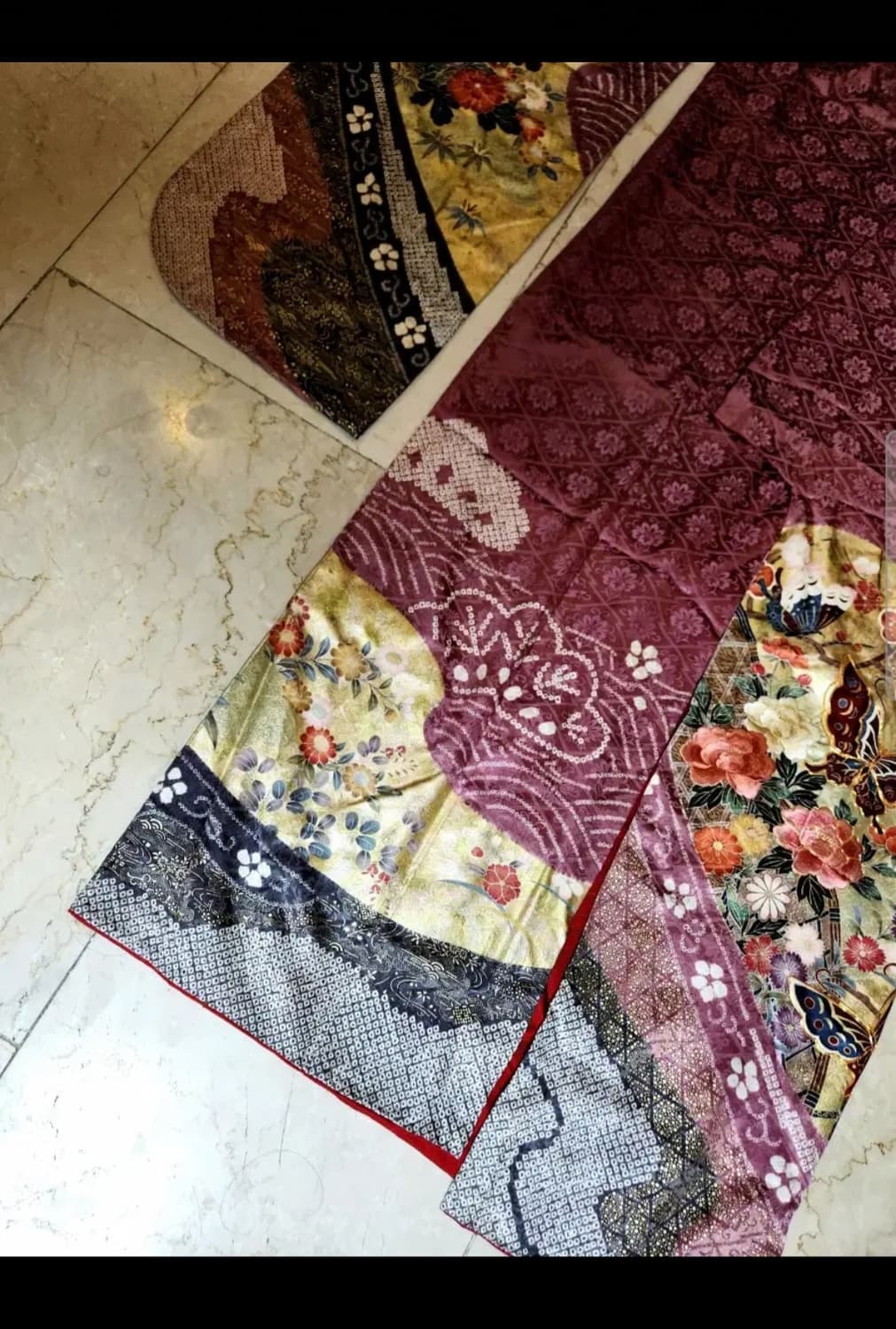 일본 장인제작 나비 실크 후리소데 기모노+오비+속 기모노 세트 상품이미지5