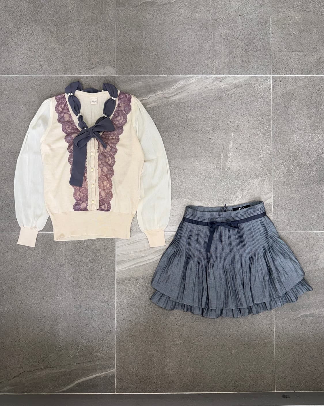 Purple gray lace pearl chiffon knit 상품이미지1