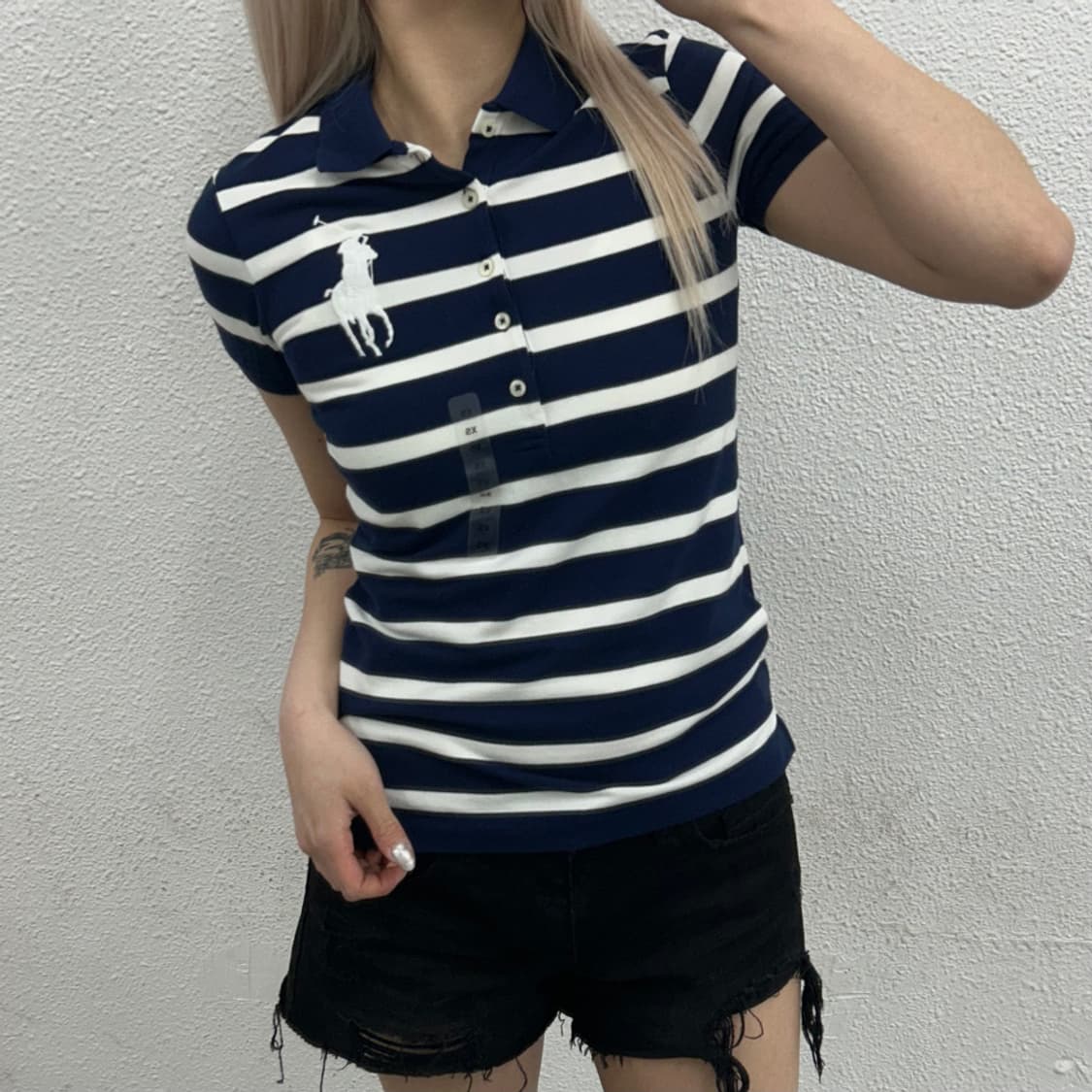 폴로 랄프로렌 빅포니 화이트 단가라 네이비 pk 반팔 XS 상품이미지1