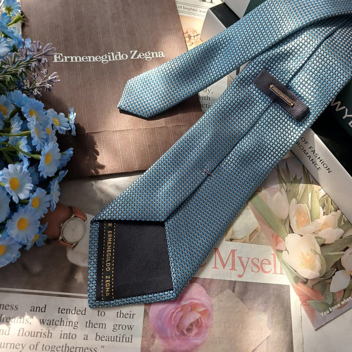 에르메네질도 제냐 블루 자카드 패턴 넥타이 9cm S~A+등급 E895 상품이미지5