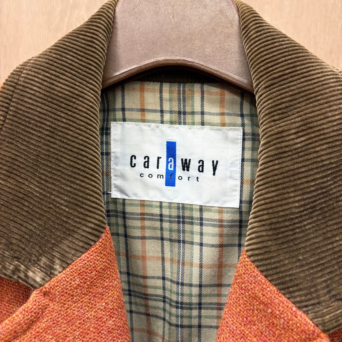 카라웨이 컴포트 울 자켓 체크 안감 배색 카라 체스트 절개 디테일 오렌지 상품이미지6