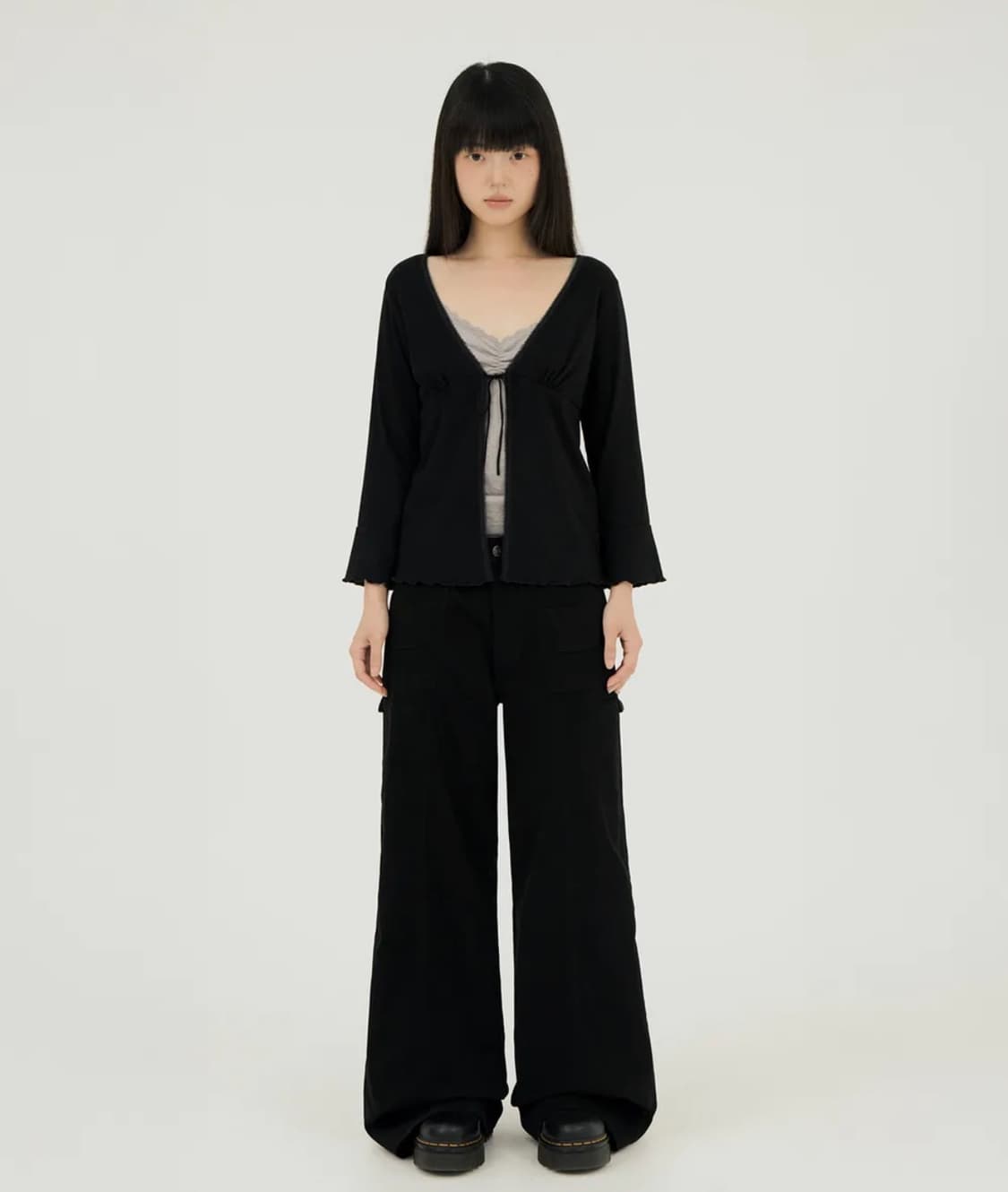 미레코 미니 포켓 와이드 코튼 팬츠 카고 팬츠 블랙 상품이미지1