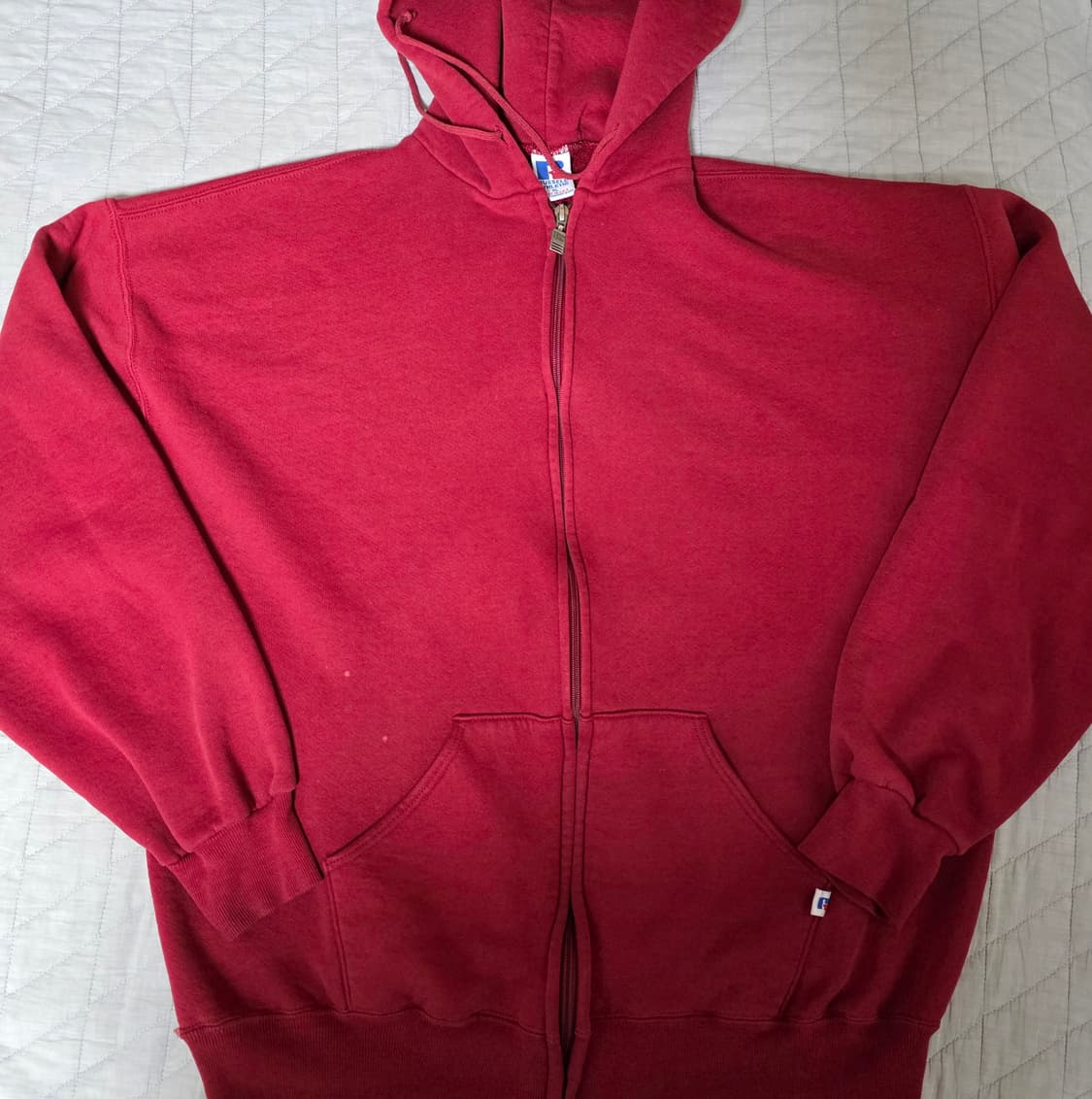 [XL] 90s USA 빈티지 러셀 후드 집업 레드/버건디 블리칭 상품이미지1