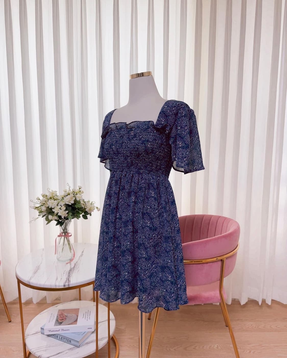 스퀘어넥 스모크 뒷리본 프릴 퍼프 원피스 상품이미지8