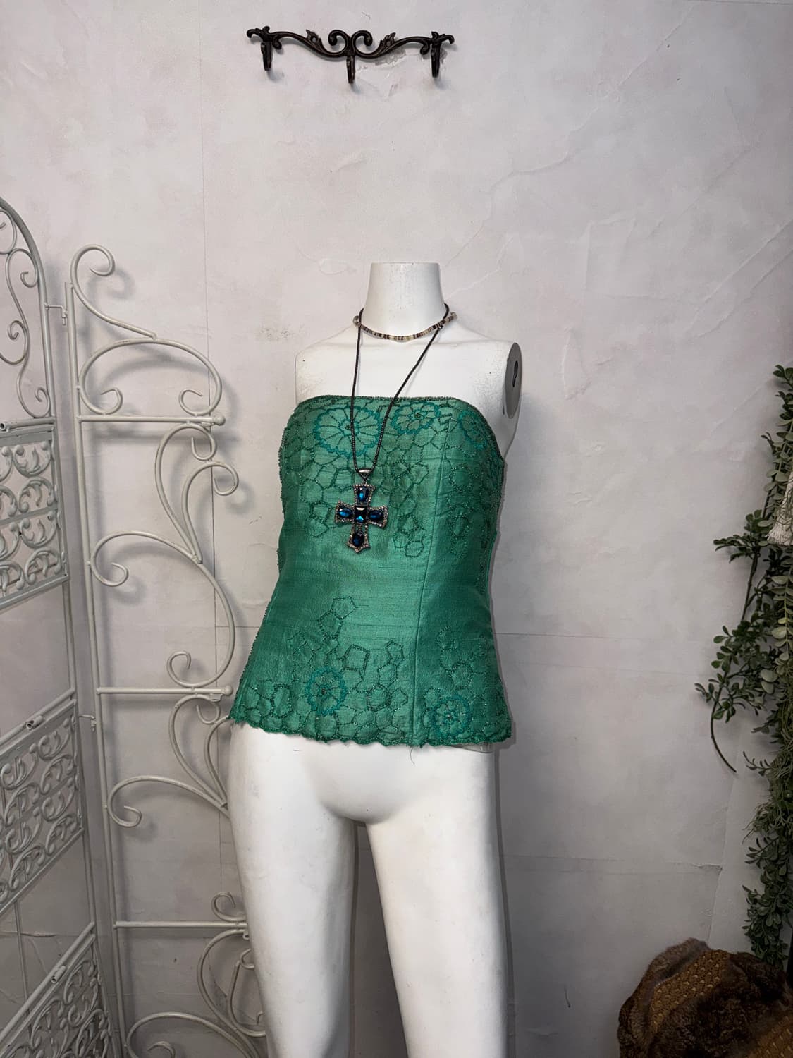 Green beads floral embroid silk corset 상품이미지2