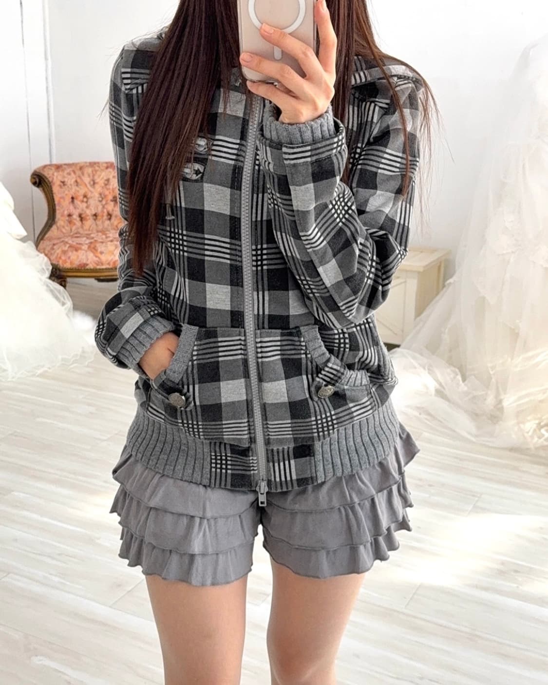 Y2k Gray check zip-up 상품이미지1