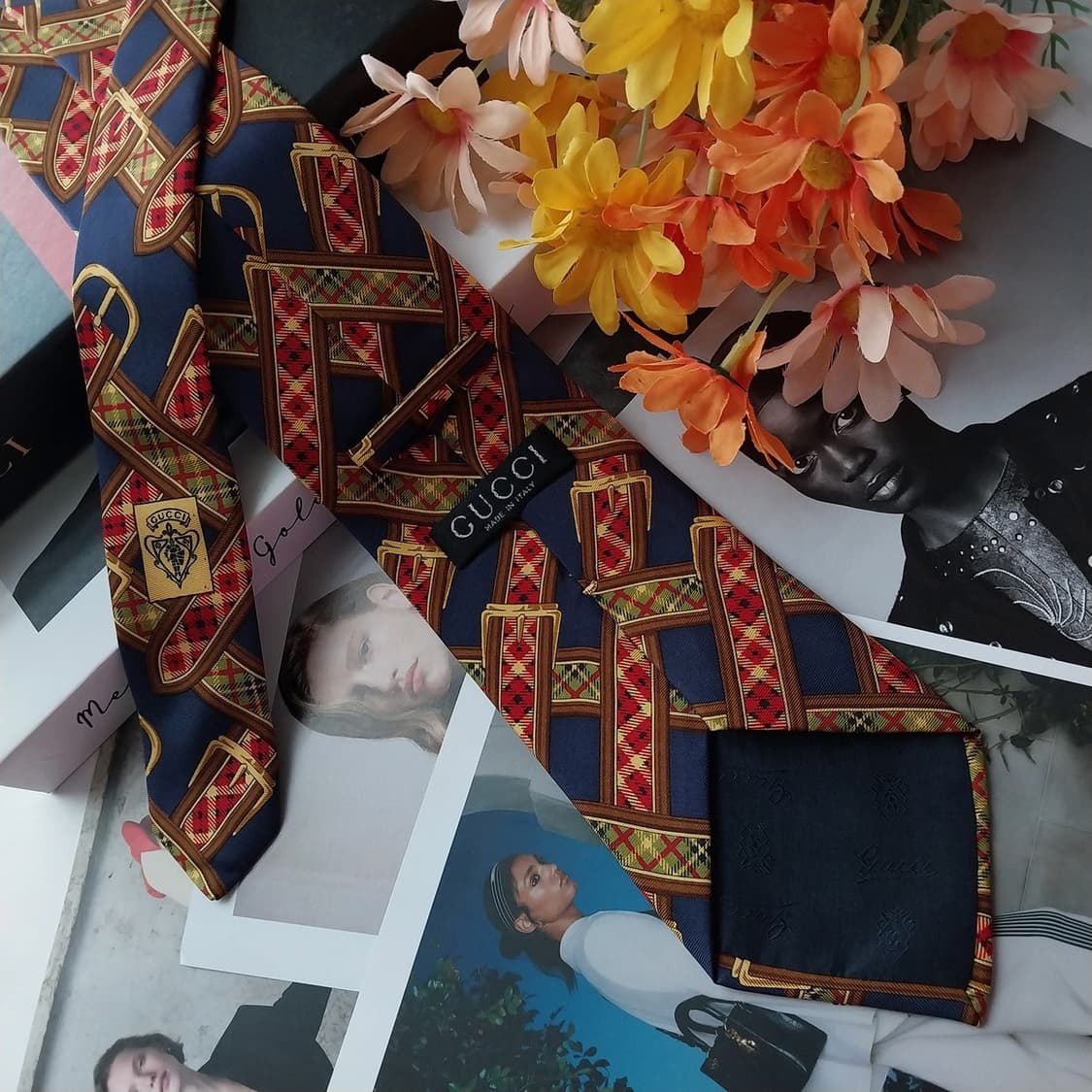 구찌 네이비 벨트 모티브 패턴 넥타이 9.3cm A+등급 K2564 상품이미지5