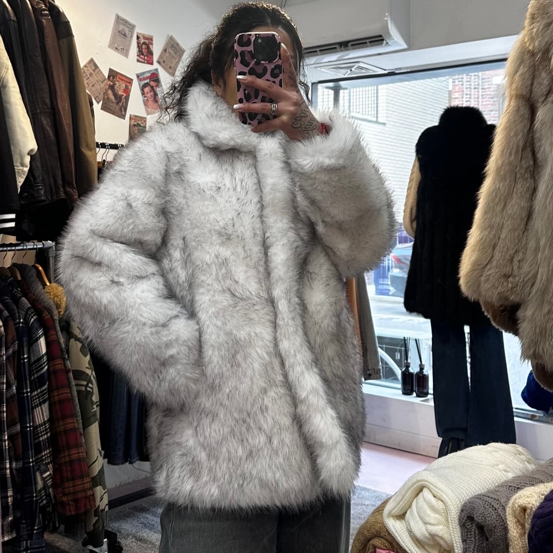 빈티지 화이트 믹스컬러 모조 모피 퍼 코트M-L 상품이미지1