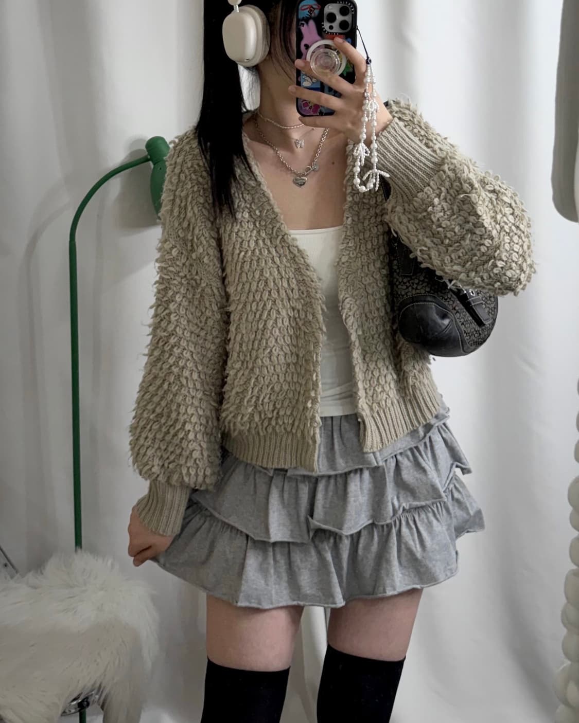 연카키 뽀글이 브이넥 오픈 가디건 상품이미지3