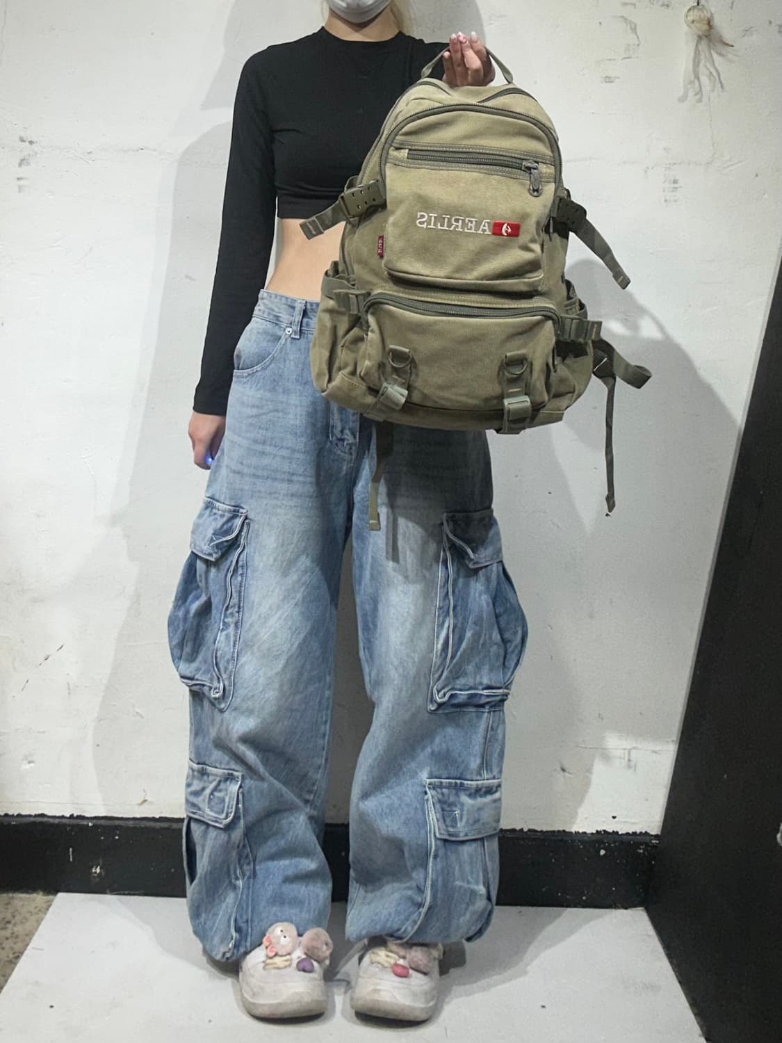 일본 빈티지 90s AERLIS 밀리터리 카키 백팩 가방  상품이미지2