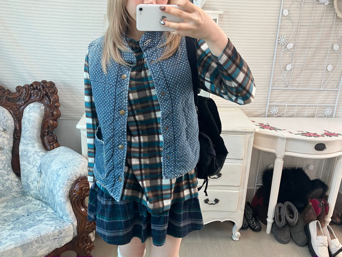 빈티지 블루그린 체크 패턴 폴라 플리스  상품이미지3