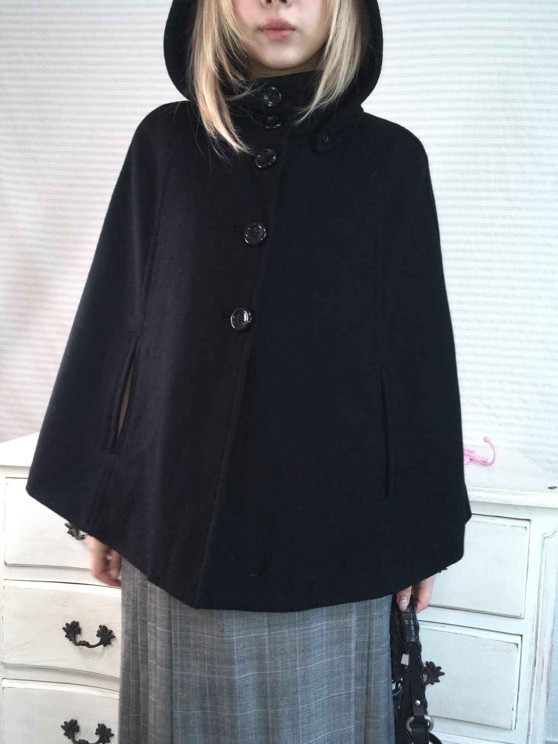일본빈티지 블랙 케이프 울 후드 코트 상품이미지4