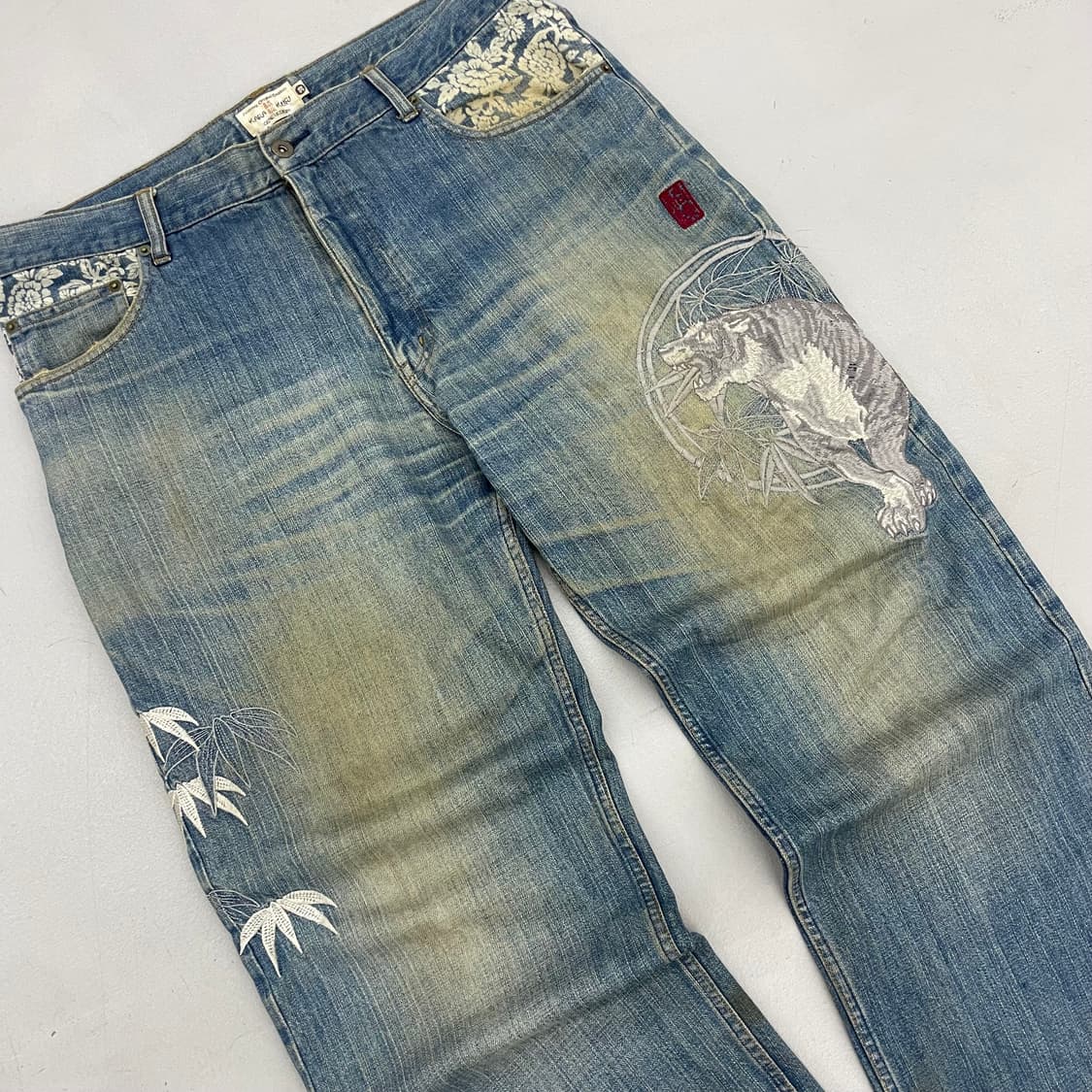 카라쿠리 타마시 백호 호랑이 자수 오리엔탈 와이드 데님팬츠 상품이미지2
