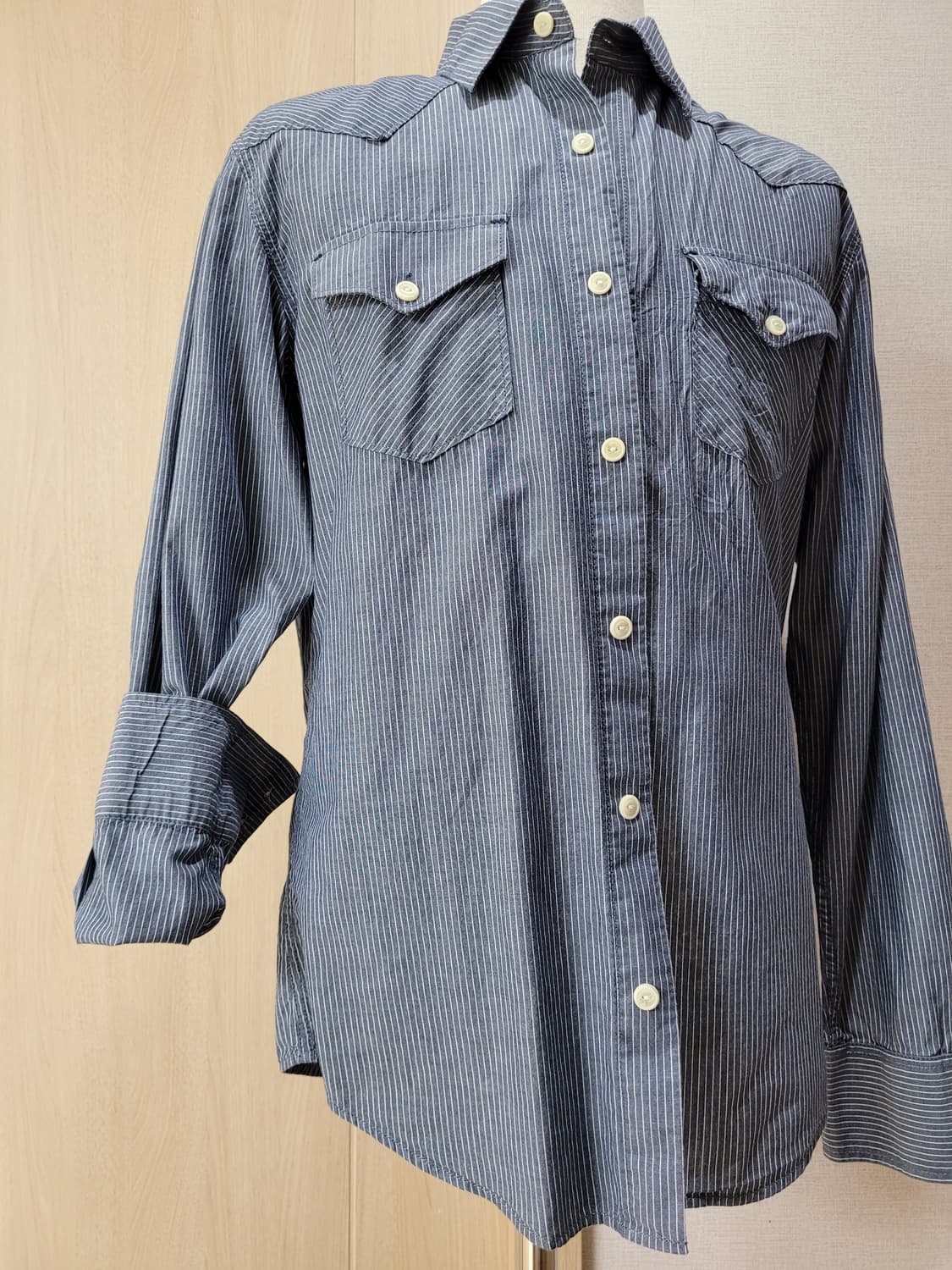 스파오 SPAO 남자 웨스턴 스트라이프 셔츠 L 블루 상품이미지3