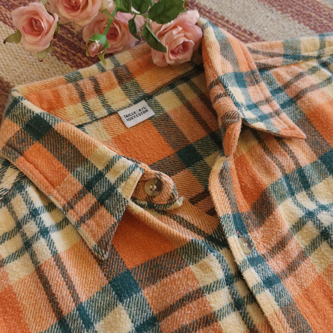90s 아메리칸 빈티지 체크셔츠 헤비 플란넬 워크셔츠 오렌지 헤어리 L 상품이미지9