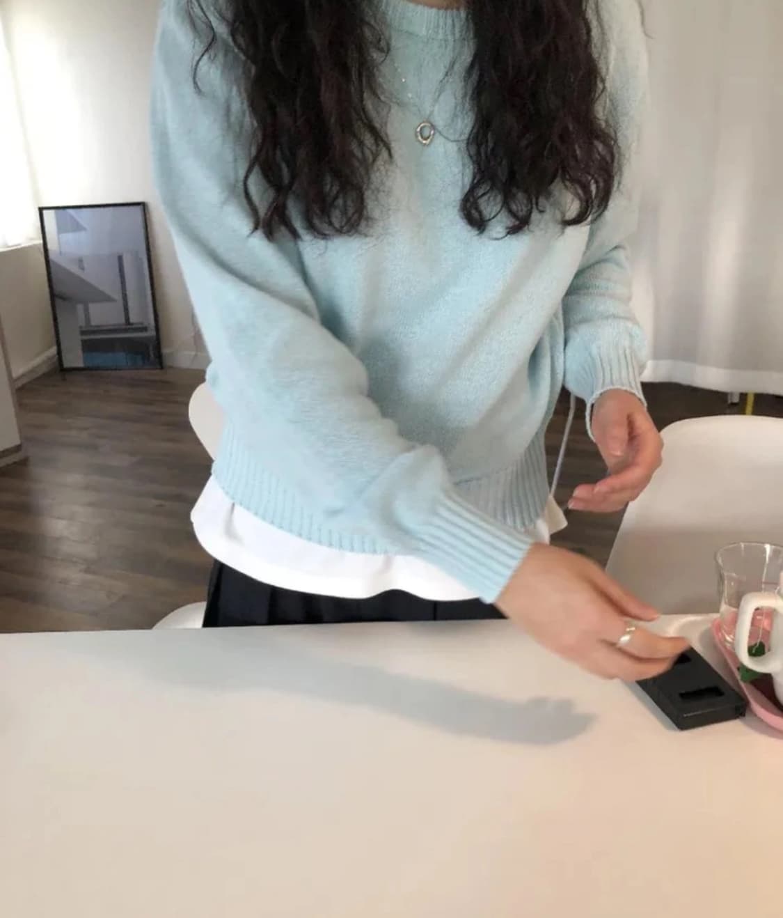 코튼 라운드넥 썸머 니트 스카이블루 상품이미지1