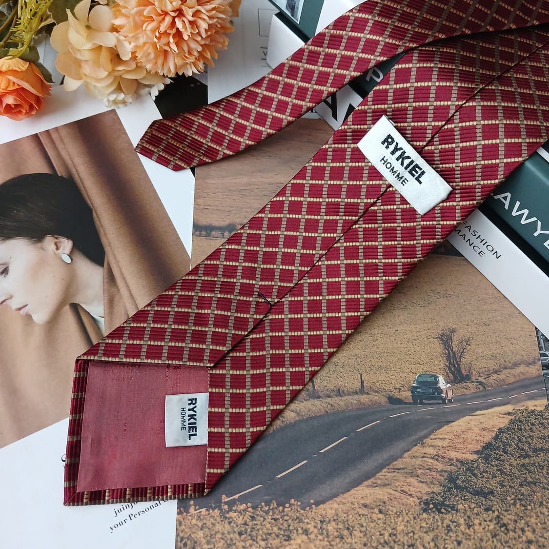 소니아 리키엘 실크 레드 체크 패턴 넥타이 9.5cm A+등급 E893 상품이미지6