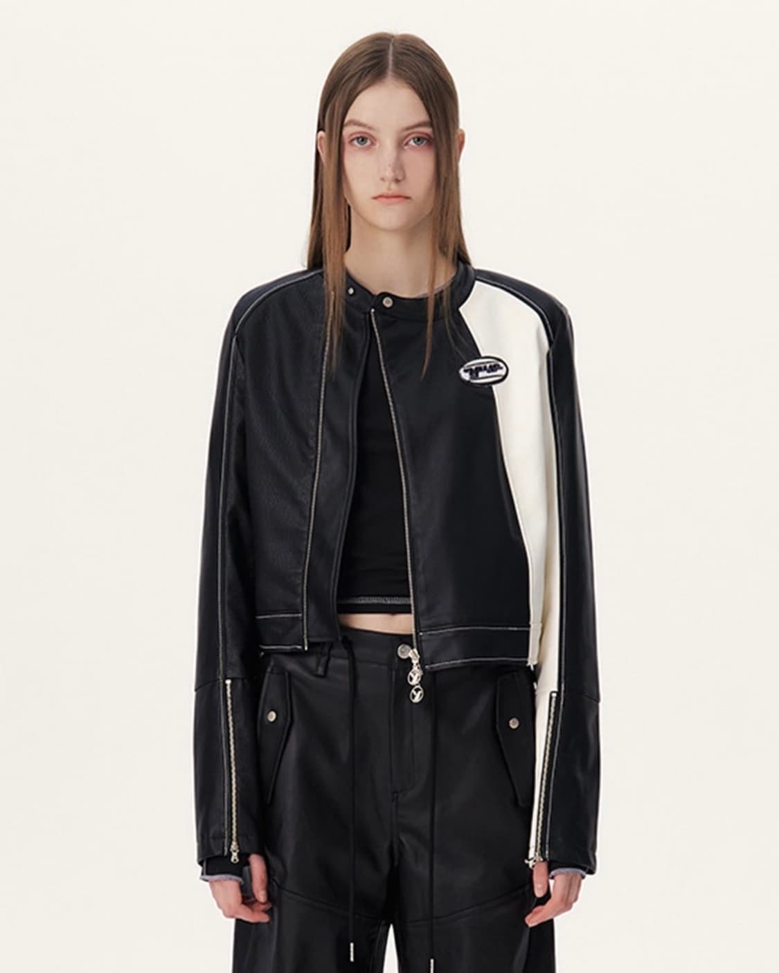 유즈 슬림 레더 컬러 블록 레더 자켓 S 상품이미지2