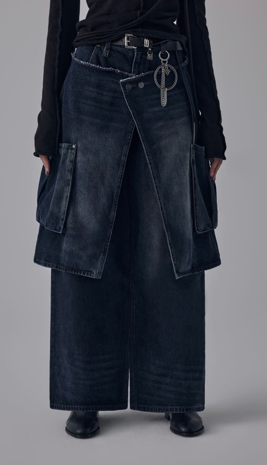 트리밍버드 랩 스커트 데님 팬츠 dark blue 상품이미지1