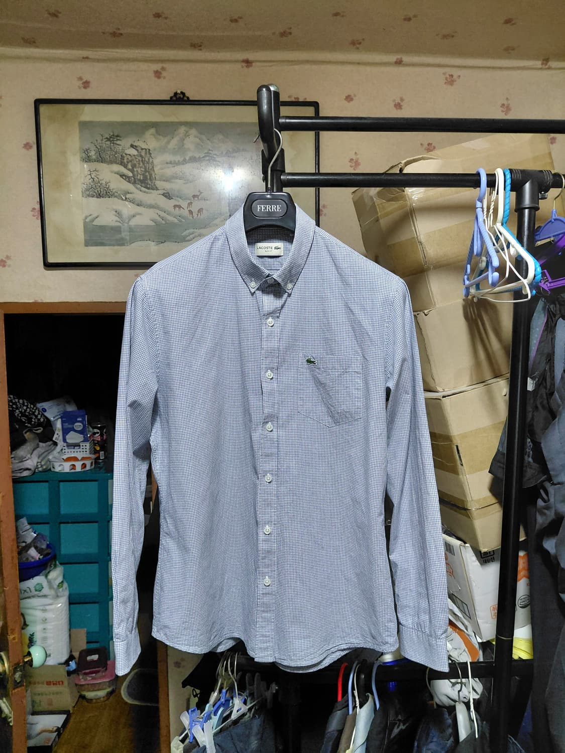 [라코스테]슬림핏 포플린 라이트블루 체크셔츠 42(105)사이즈 상품이미지1