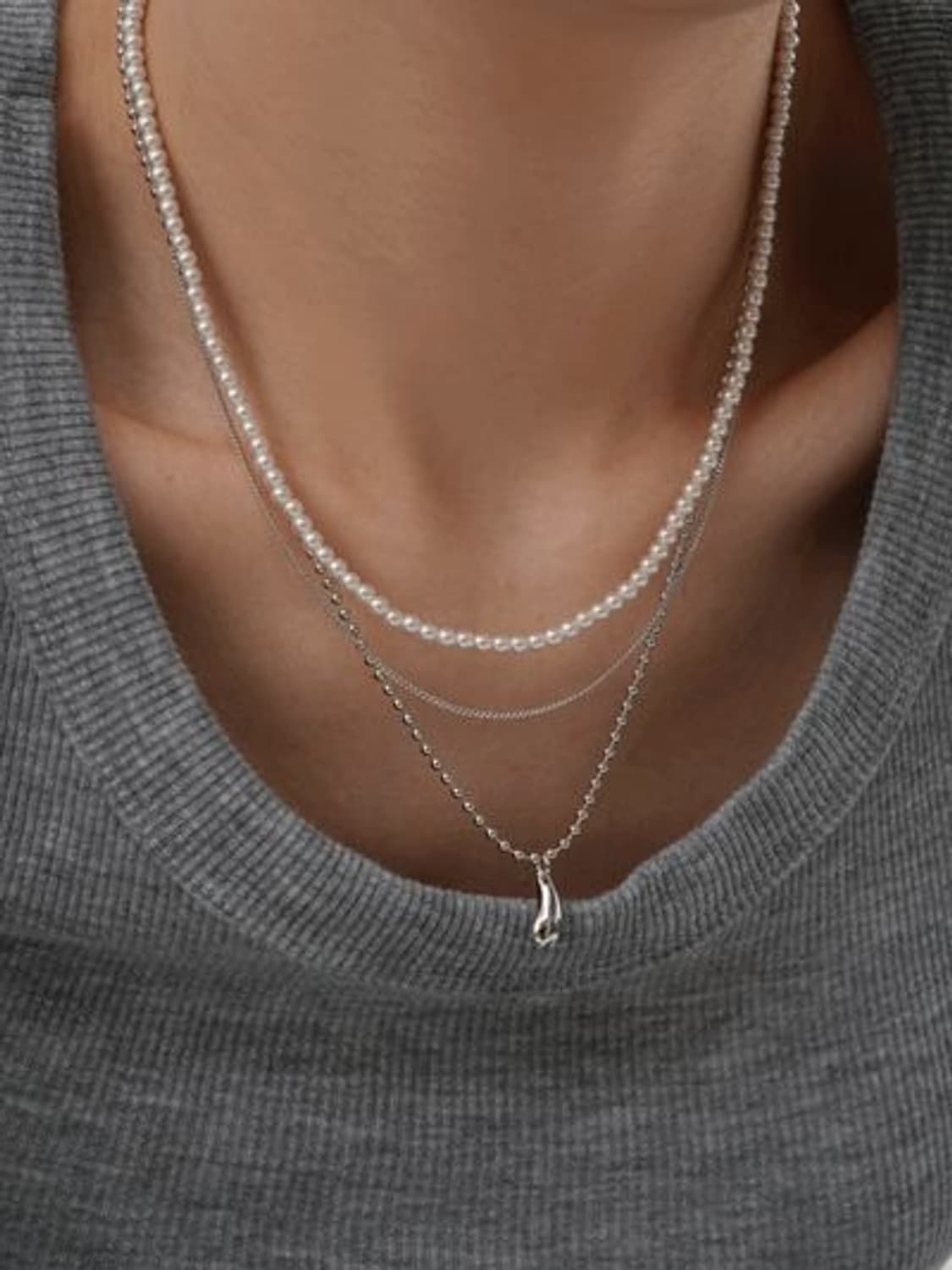 [Unisex] 레이어드 체인 진주 펄 목걸이 상품이미지1
