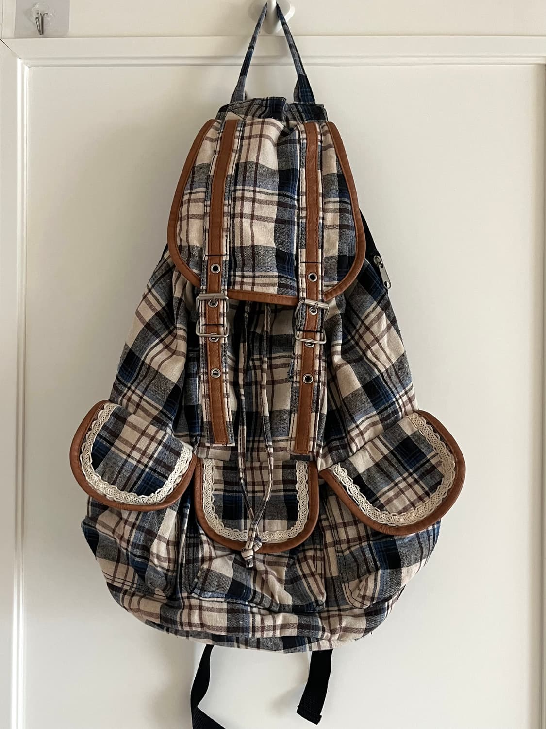 빈티지 모리걸 체크 가죽 백팩 상품이미지1