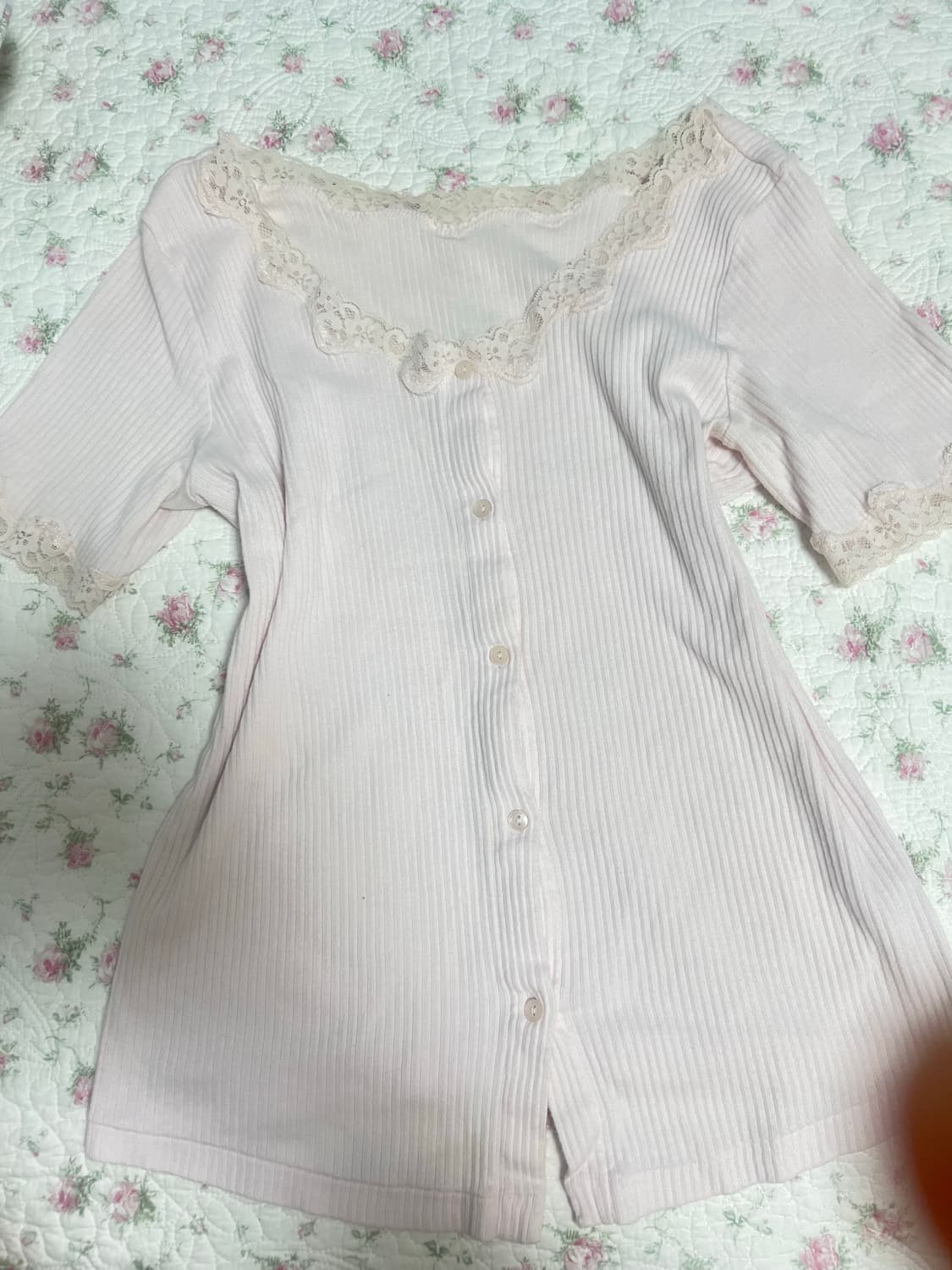 일본빈티지 연핑크 쿨핑크 레이스 버튼 반팔 상품이미지1