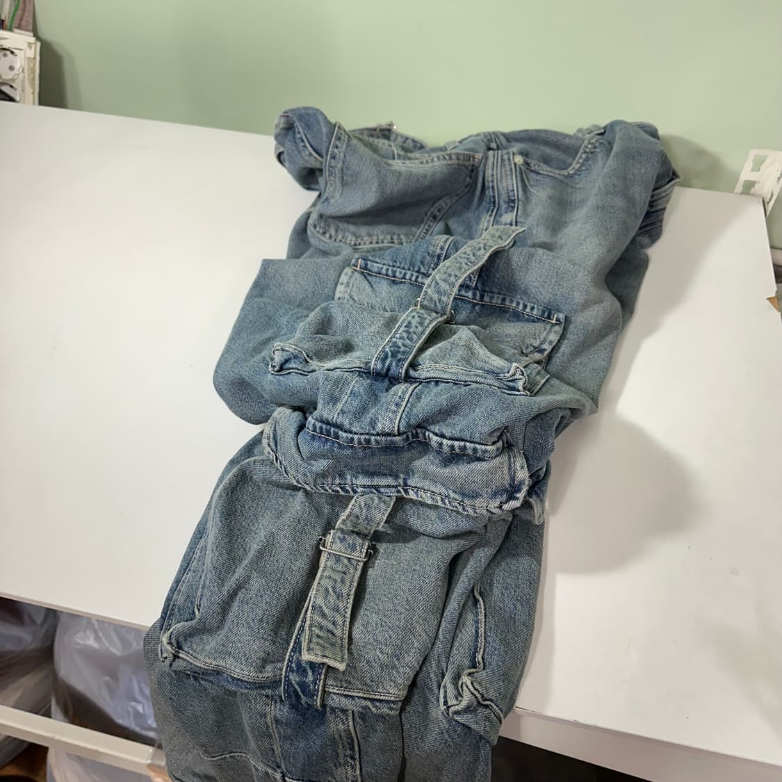L-XL 자라 맨 빈티지워시드 와이드핏 카고 버클 데님팬츠 상품이미지1