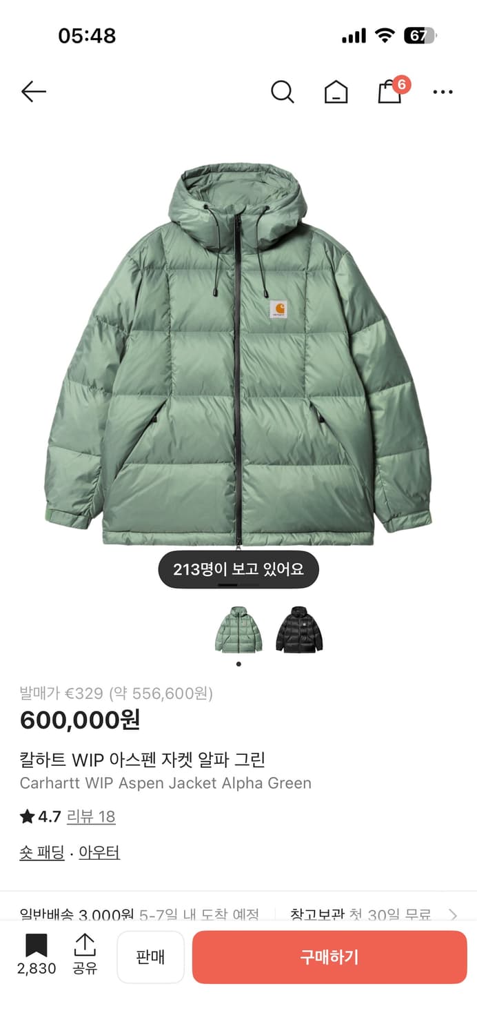 칼하트 아스펜(axton) 패딩 자켓 알파 그린 팝니다.(M,L) 상품이미지2