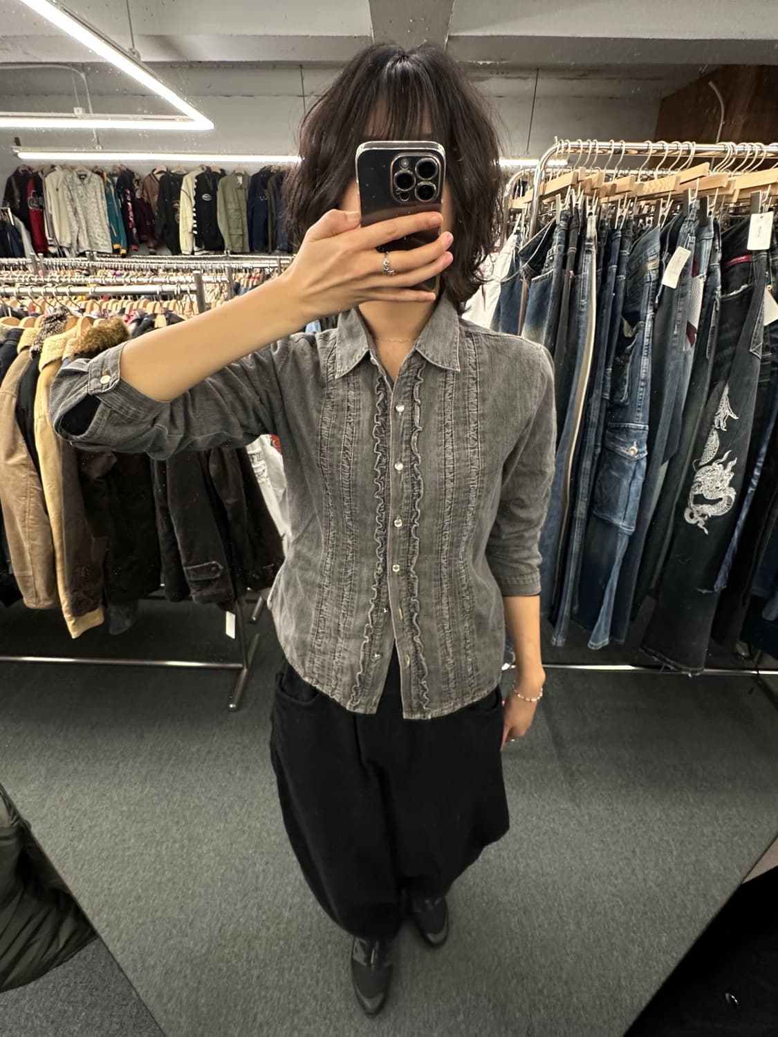 M)Japanese vintage 여성 흑청 셔링 데님 셔츠 상품이미지2