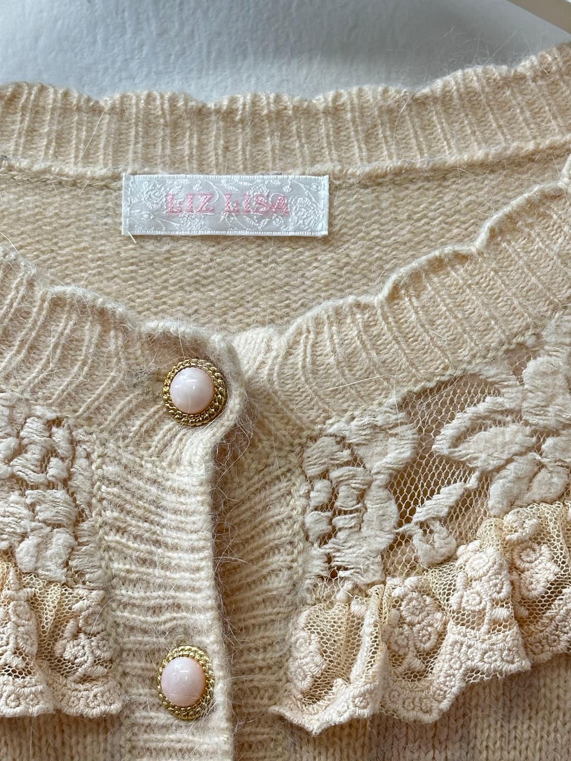 Liz Lisa 리즈리사 레이스 요크 진주버튼 양모울 혼방 니트 가디건 상품이미지3