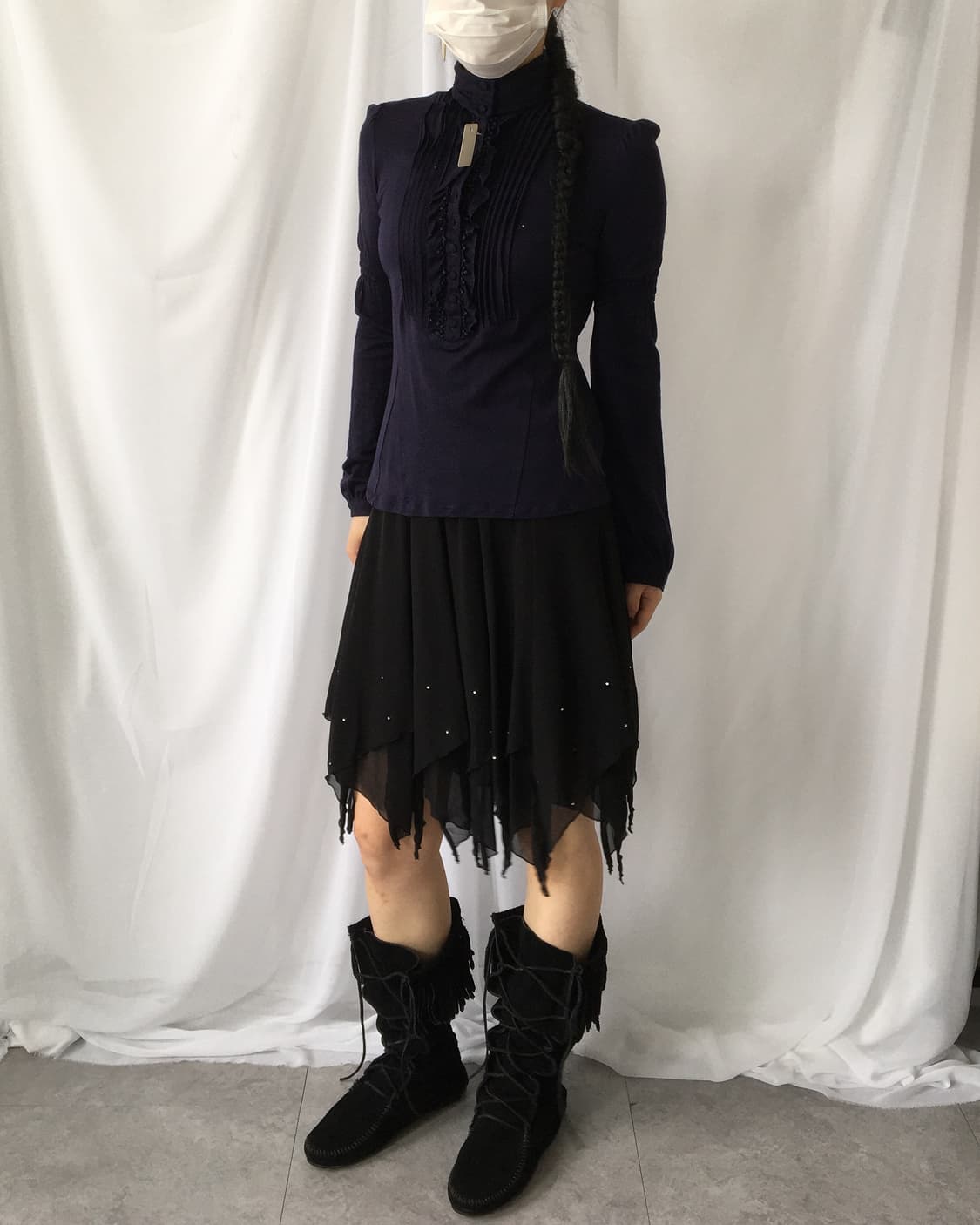 Frill point high neck navy sleeve 상품이미지8