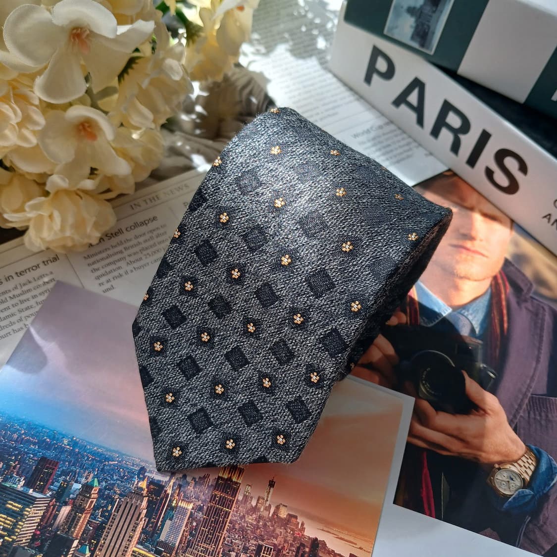 지오 송지오 실크 그레이 패턴 넥타이 7.5cm A+~A등급 E965 상품이미지2