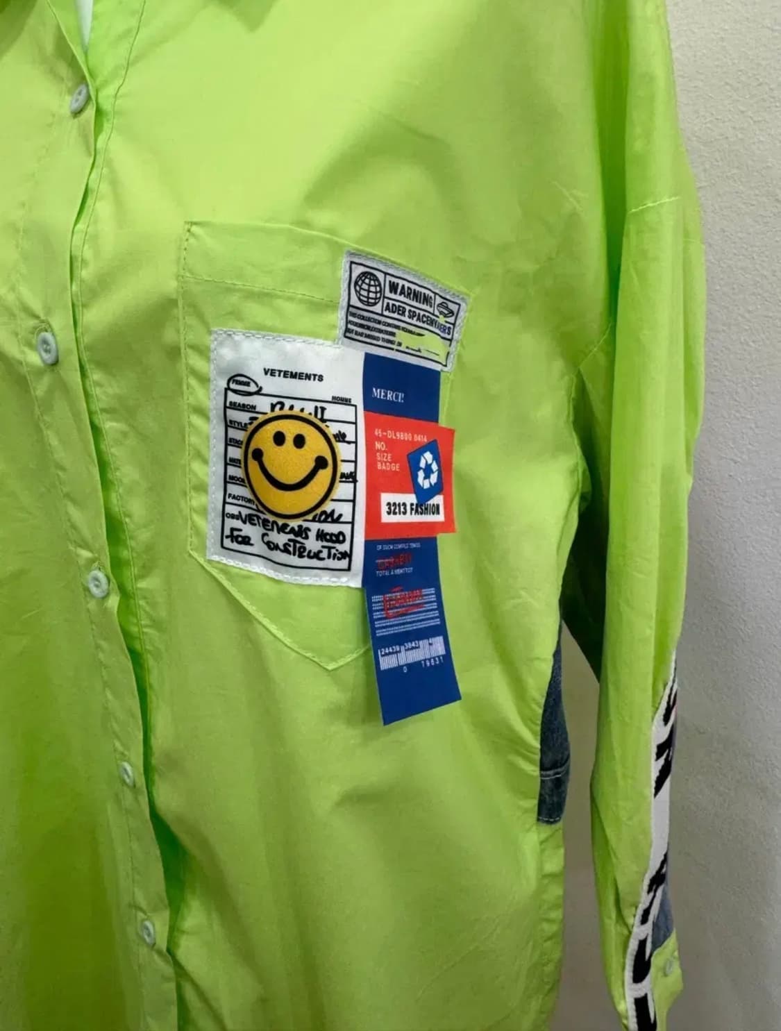 네온 라임 스마일 패치 데님배색 롱셔츠 / 유니크 스트릿 셔츠자켓 상품이미지4