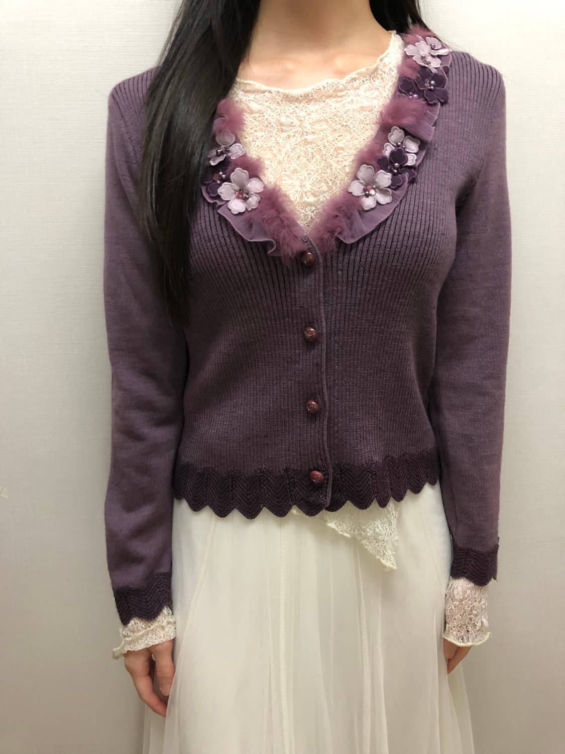빈티지 퍼플 플라워 니트 가디건 상품이미지4