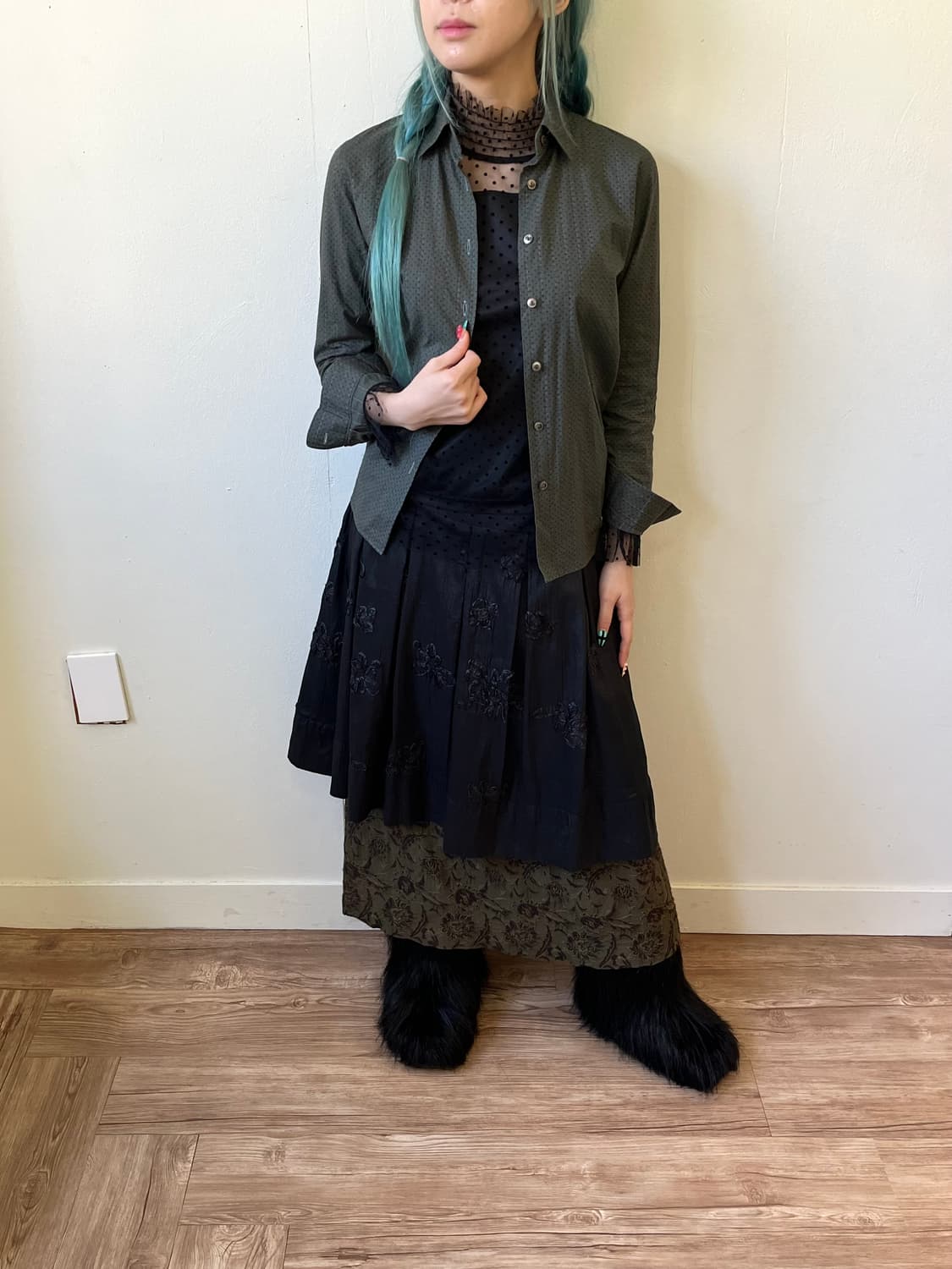 CHILD WOMAN 도트 올리브 카키 셔츠 상품이미지5