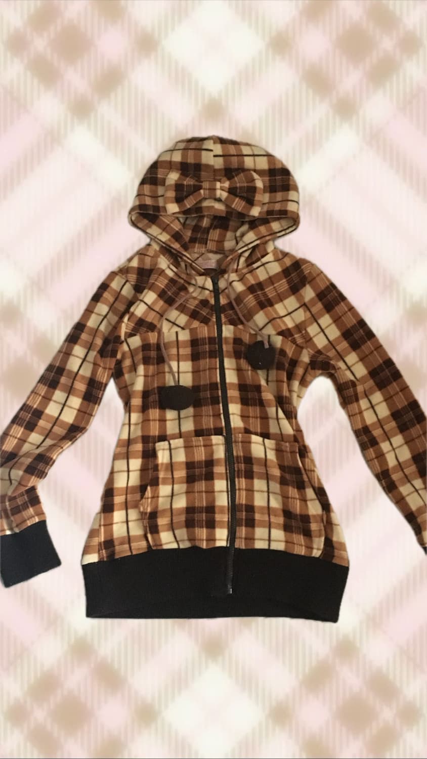 트랄라라 라떼갸루 초코 브라운 체크 리본 폼폼이 후드집업 히메 러블리 상품이미지1