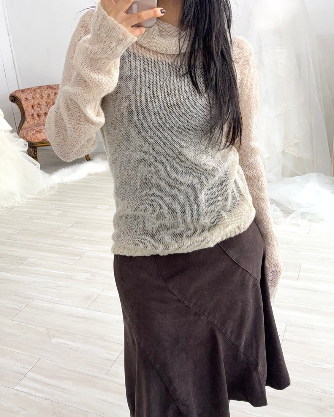 Light apricot Beige Ribbed Knit Turtlene 상품이미지5