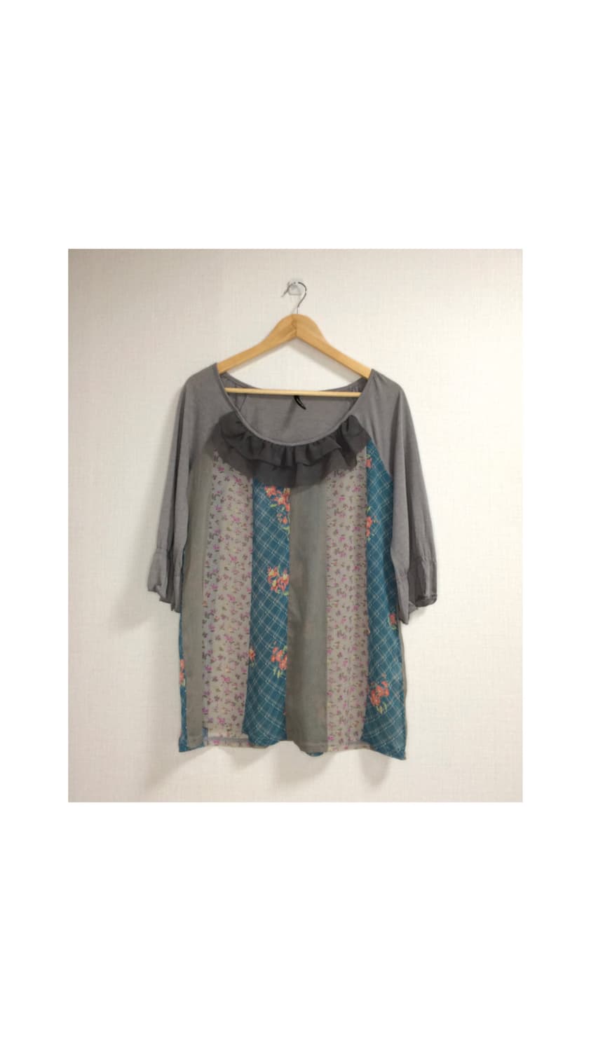 빈티지 플라워 패치 7부 소매 블라우스 상품이미지1