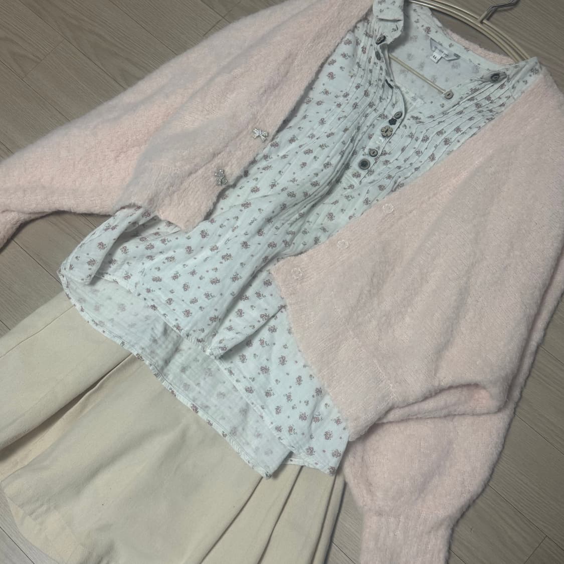 빈티지 모리걸 세트 핑크 가디건 잔꽃 블라우스 큐롯 팬츠 상품이미지1