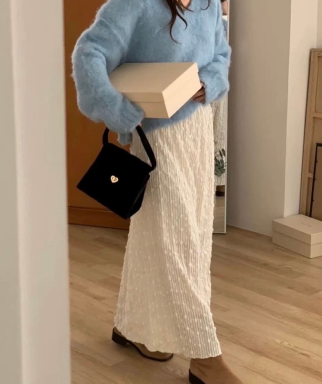 팝콘 아이보리 밴딩 롱스커트 상품이미지1