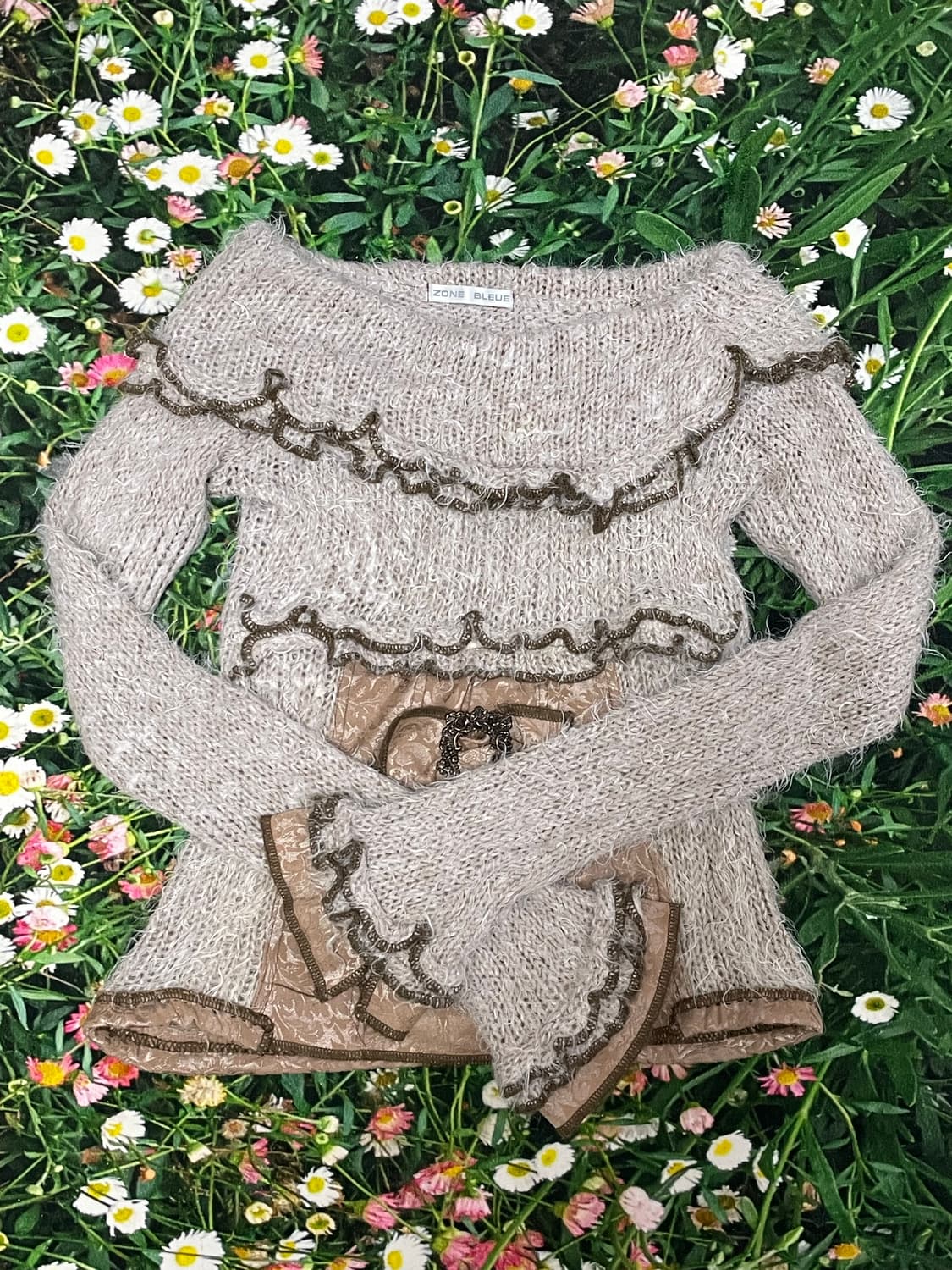 일본빈티지 라떼갸루 베이지 브라운 초코 오프숄더 세미옾숄 리본니트 상품이미지2