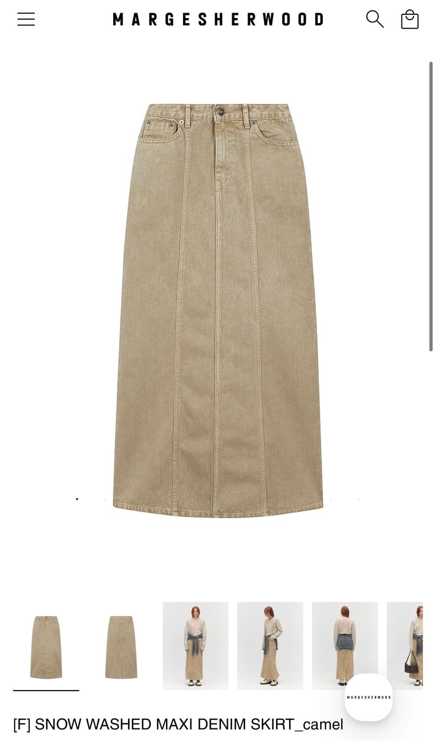 마지셔우드 SNOW WASHED MAXI DENIM SKIRT_camel 상품이미지1