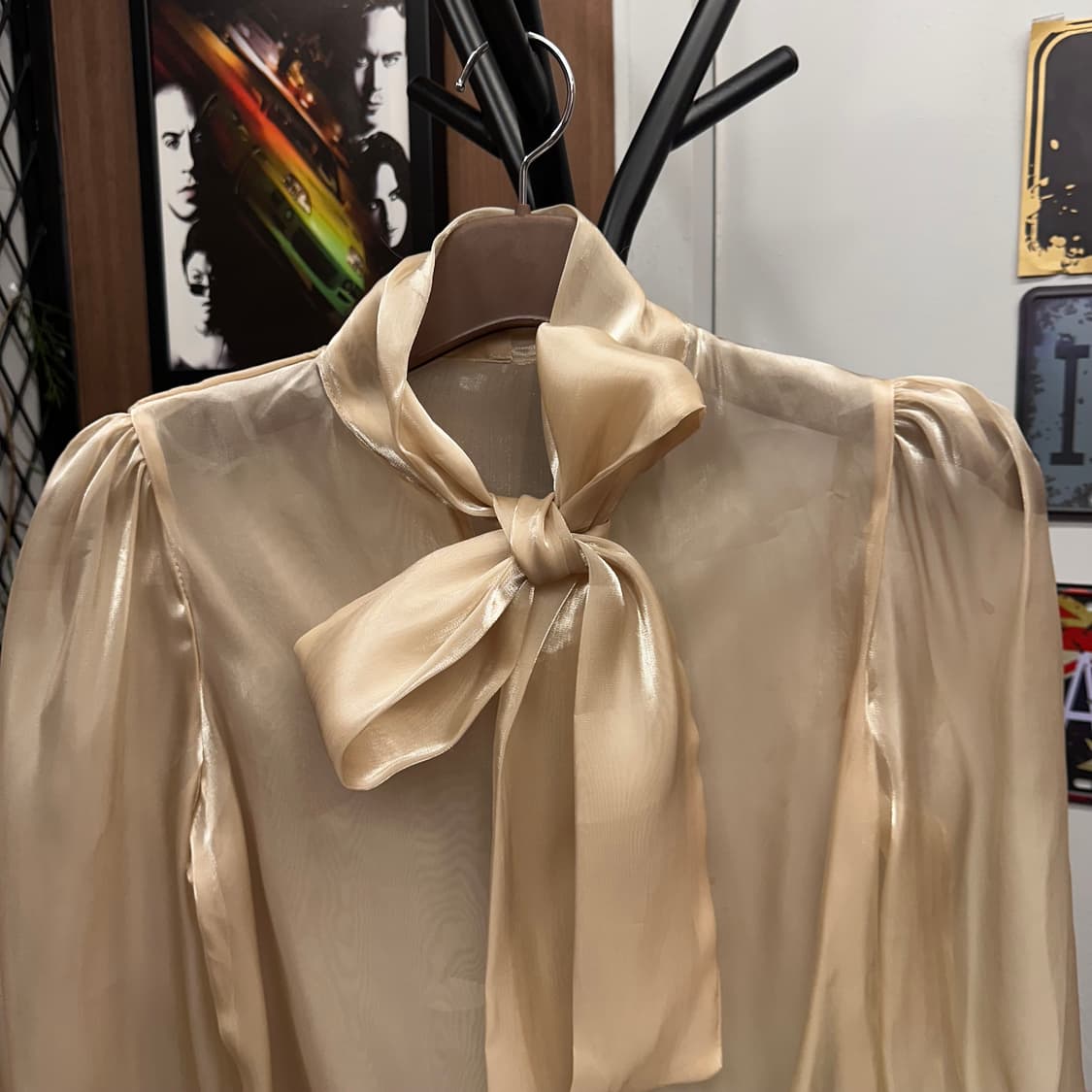 Beige Shimmer Sheer Long-Sleeve Blouse 상품이미지3