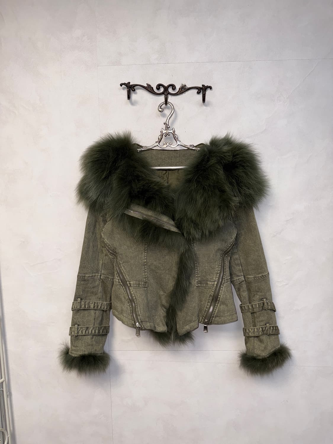 Khaki denim zipper buckle fur hood jk 상품이미지1