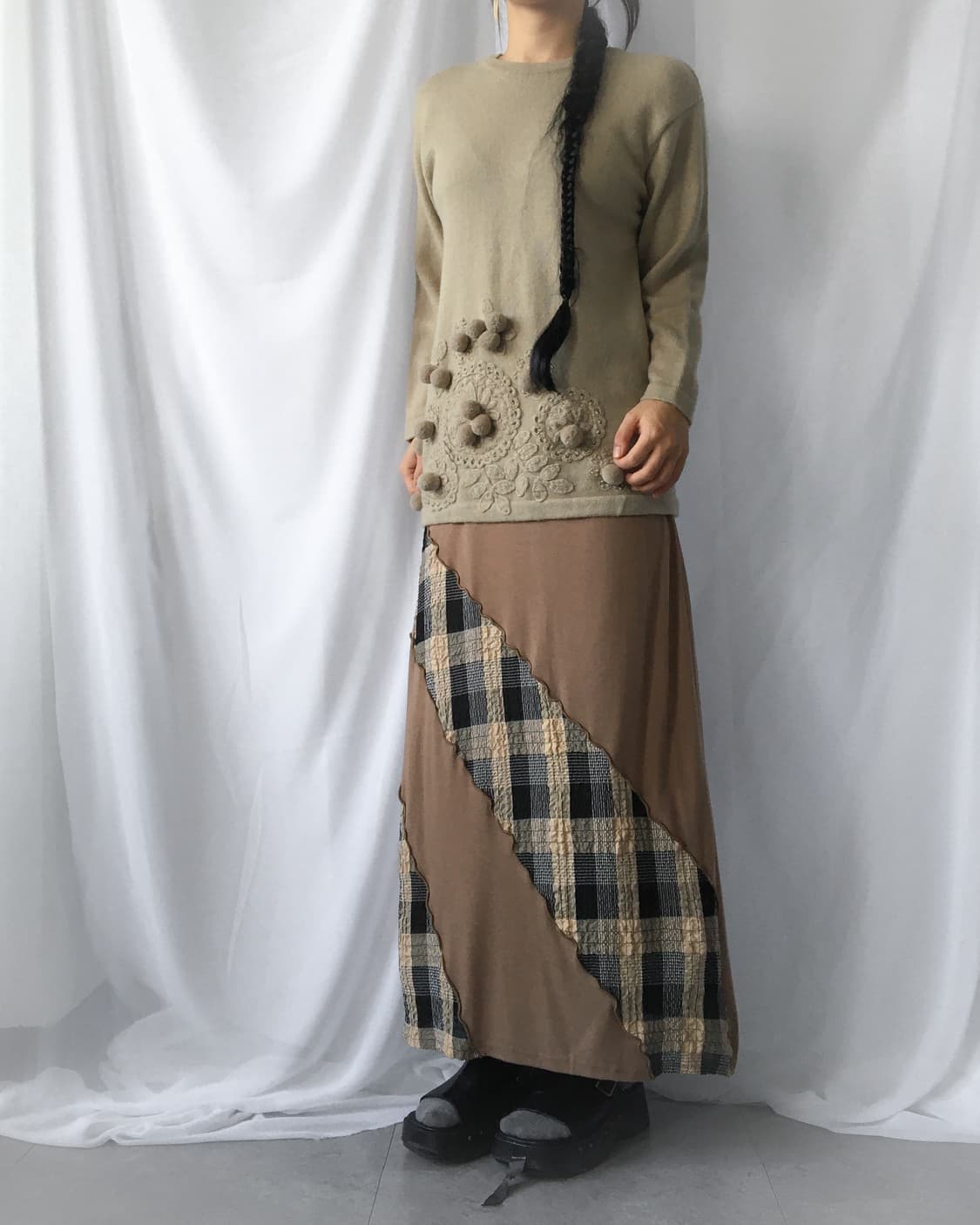 Check pattern patch point long skirt 상품이미지4