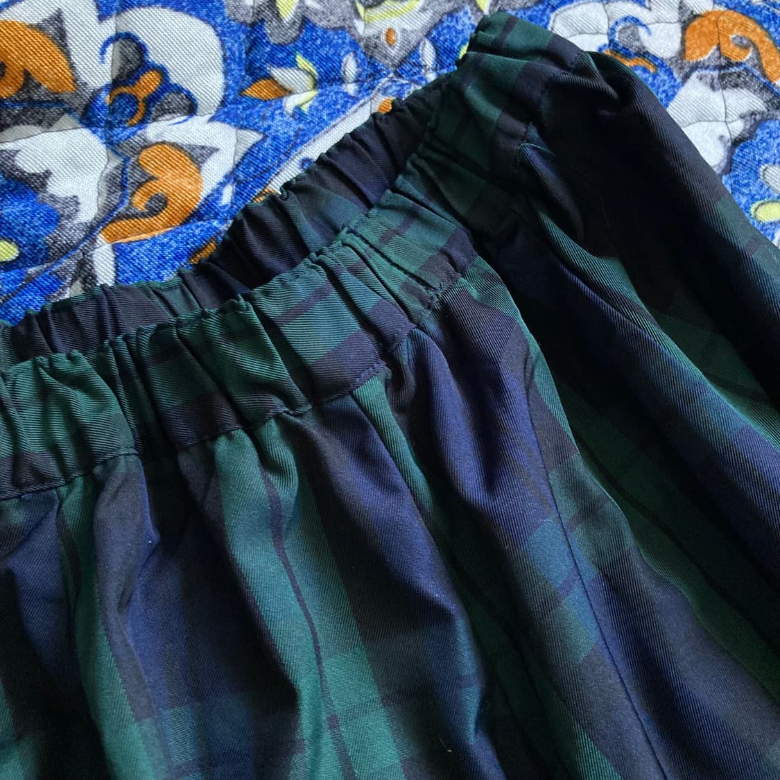 빈티지 아메카지 그린 네이비 타탄체크 밴딩 롱 플레어 스커트 치마 상품이미지2