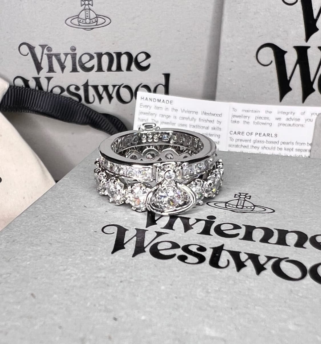 비비안웨스트우드 아카이브 크리스탈 큐빅 orb 2단 레이어링 반지 상품이미지1