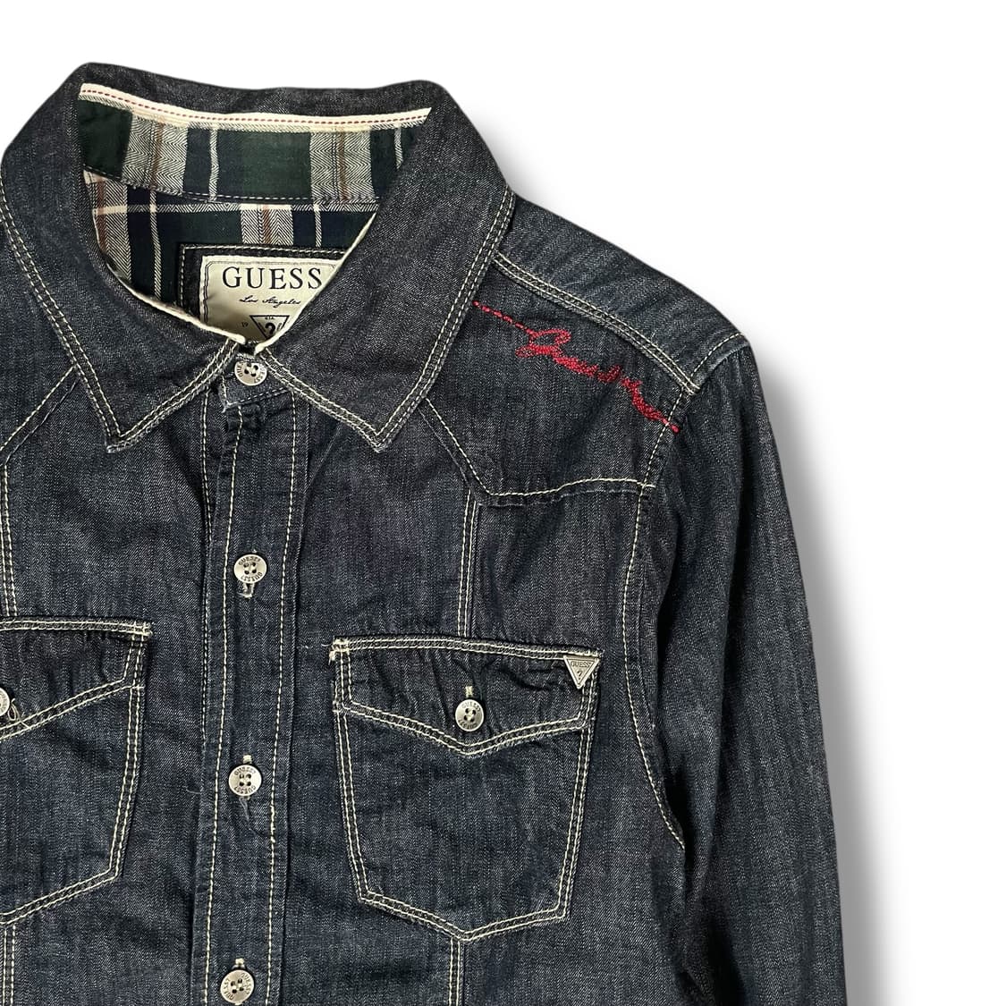 게스 레드 자수 투포켓 데님 셔츠 M 상품이미지3