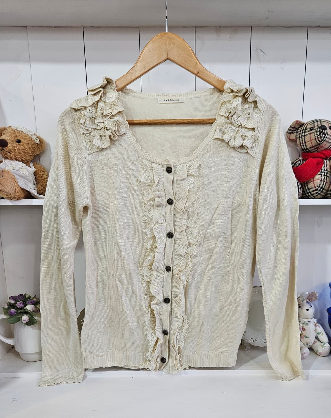 (axes femme) 아이보리 레이스 프릴 니트 가디건 상품이미지1